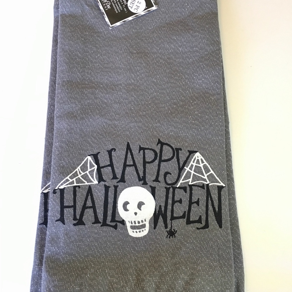 2 Happy Halloween Skull Kitchen Tea Towels Webs - Picture 2 of 5
